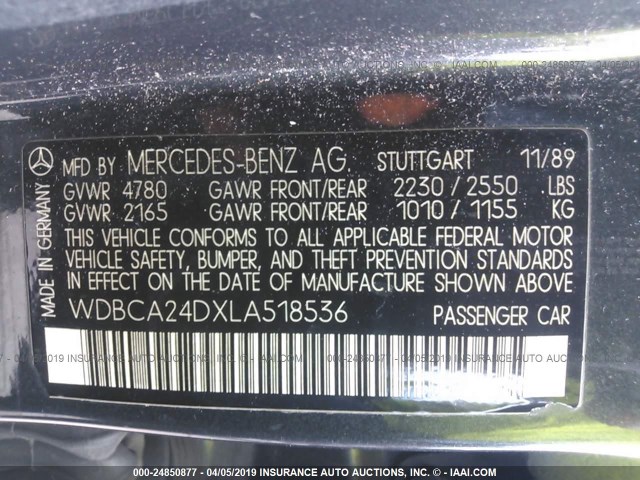 WDBCA24DXLA518536 - 1990 MERCEDES-BENZ 300 SE BLACK photo 9