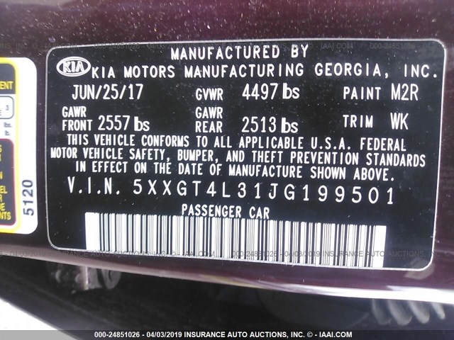 5XXGT4L31JG199501 - 2018 KIA OPTIMA LX/S MAROON photo 9