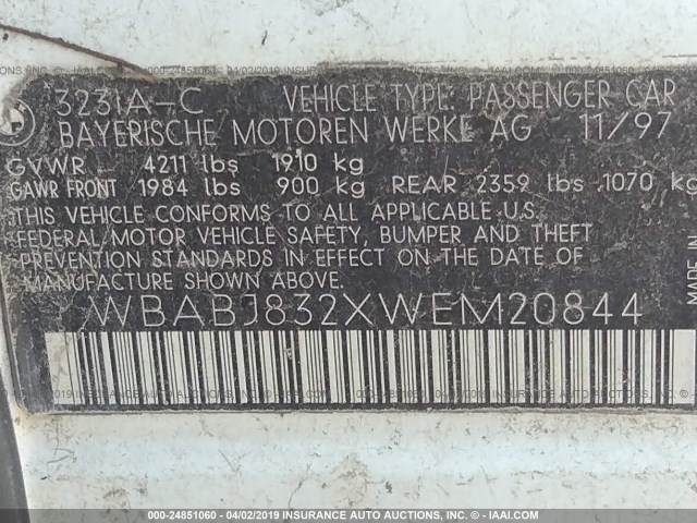 WBABJ832XWEM20844 - 1998 BMW 323 IC AUTOMATIC Weiß Foto 9