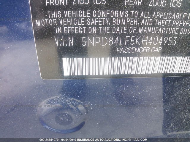 5NPD84LF5KH404953 - 2019 HYUNDAI ELANTRA SEL/VALUE/LIMITED BLUE photo 9