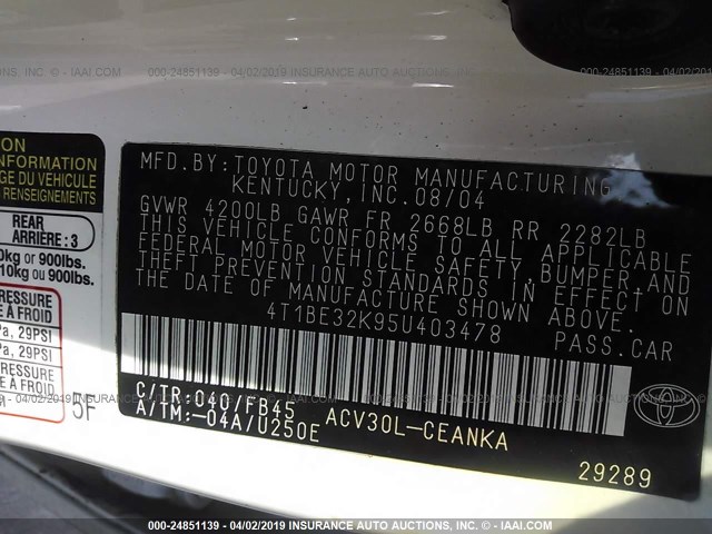 4T1BE32K95U403478 - 2005 TOYOTA CAMRY LE/XLE/SE WHITE photo 9