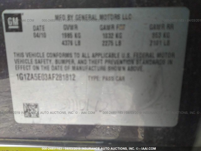 1G1ZA5E03AF281812 - 2010 CHEVROLET MALIBU LS GRAY photo 9