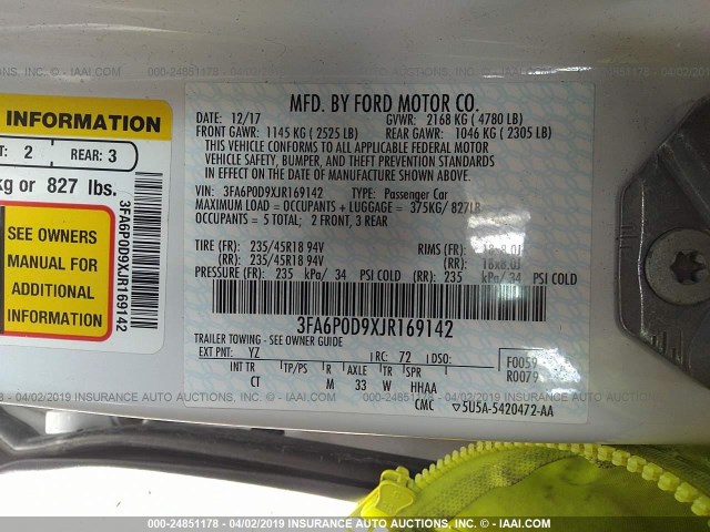 3FA6P0D9XJR169142 - 2018 FORD FUSION TITANIUM/PLATINUM WHITE photo 9