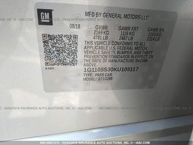 1G1105S30KU105117 - 2019 CHEVROLET IMPALA PREMIER SILVER photo 9