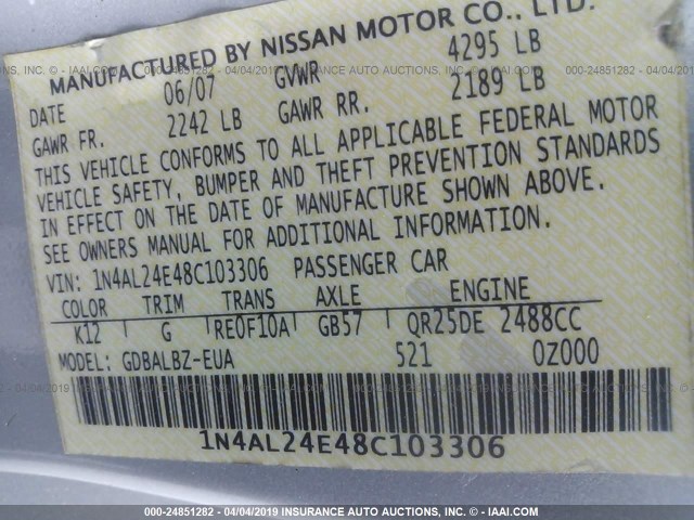 1N4AL24E48C103306 - 2008 NISSAN ALTIMA 2.5S SILVER photo 9