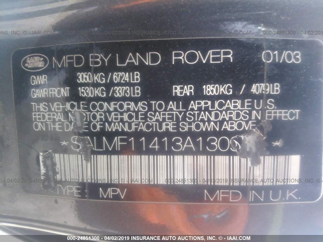 SALMF11413A130917 - 2003 LAND ROVER RANGE ROVER HSE GRAY photo 9