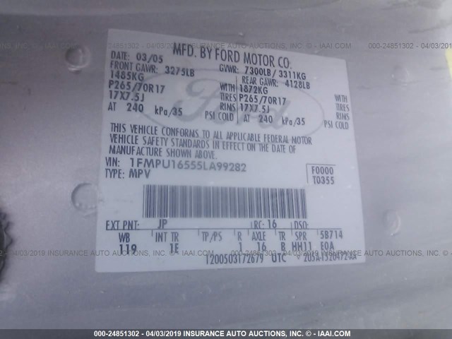 1FMPU16555LA99282 - 2005 FORD EXPEDITION XLT SILVER photo 9