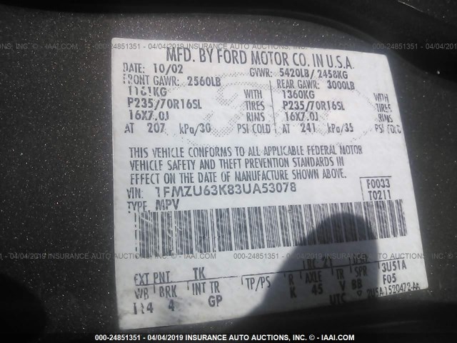 1FMZU63K83UA53078 - 2003 FORD EXPLORER XLT/XLT SPORT/NBX Boz foto 9