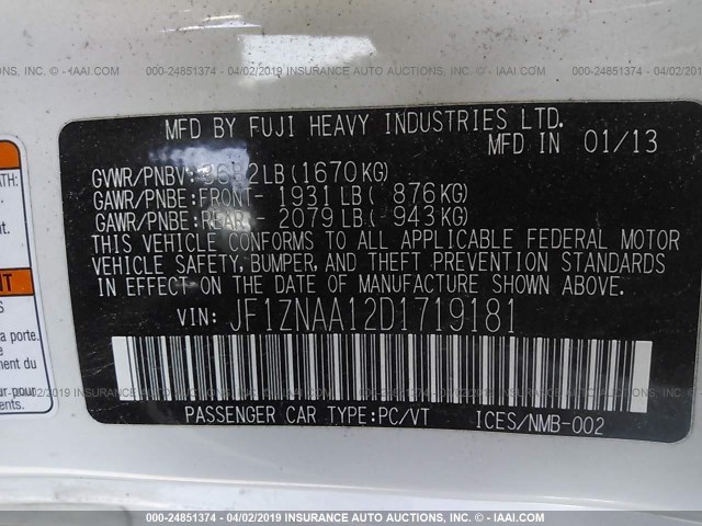 JF1ZNAA12D1719181 - 2013 TOYOTA SCION FR-S WHITE photo 9