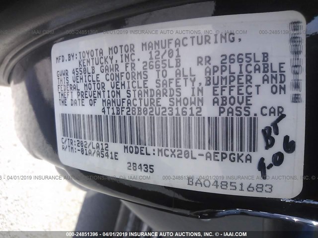 4T1BF28B02U231612 - 2002 TOYOTA AVALON XL/XLS BLACK photo 9