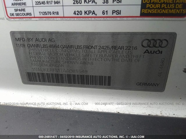 WAUKEAFM7AA085549 - 2010 AUDI A3 PREMIUM PLUS WHITE photo 9