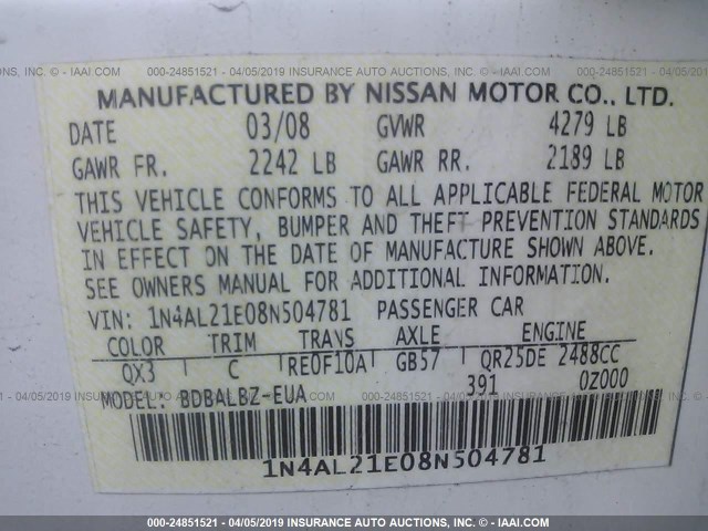 1N4AL21E08N504781 - 2008 NISSAN ALTIMA 2.5/2.5S WHITE photo 9