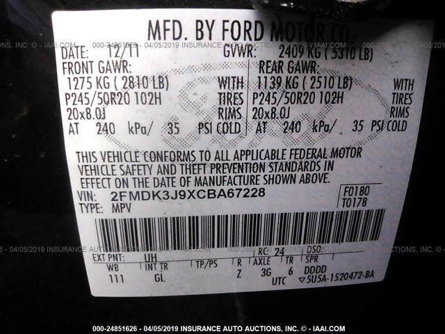 2FMDK3J9XCBA67228 - 2012 FORD EDGE SEL BLACK photo 9