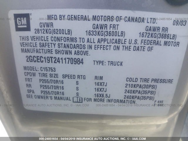 2GCEC19T241170984 - 2004 CHEVROLET SILVERADO C1500 GRAY photo 9