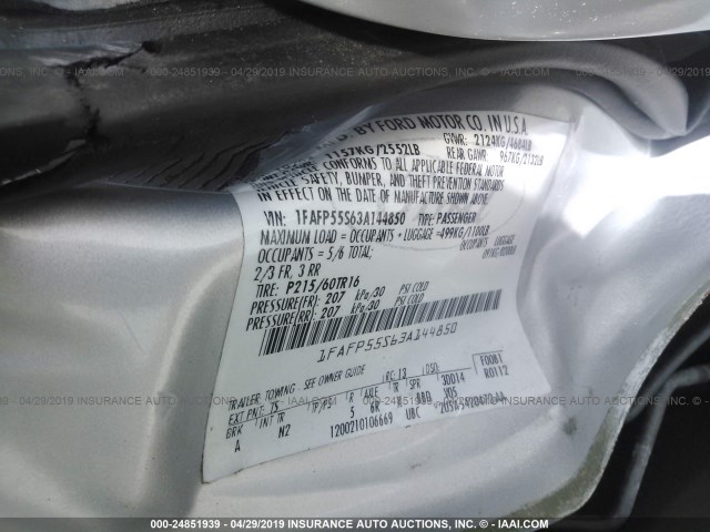 1FAFP55S63A144850 - 2003 FORD TAURUS SES SILVER photo 9