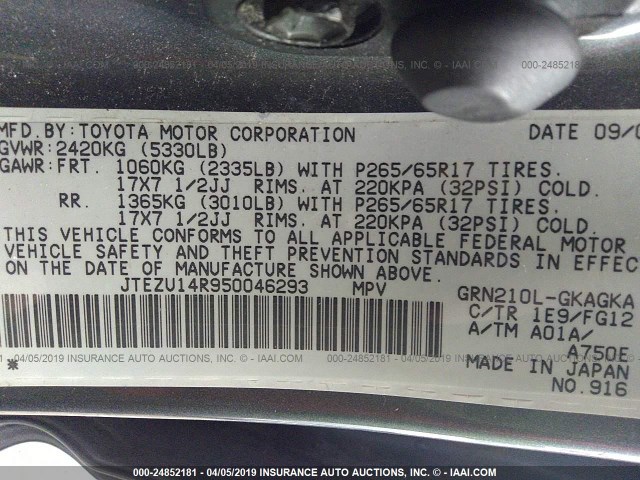 JTEZU14R950046293 - 2005 TOYOTA 4RUNNER SR5/SPORT GRAY photo 9