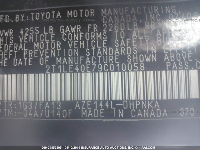 2T1LE40E79C010058 - 2009 TOYOTA COROLLA MATRIX S BLACK photo 9