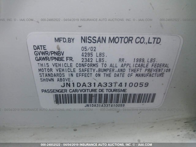 JN1DA31A33T410059 - 2003 NISSAN MAXIMA GLE/SE WHITE photo 9