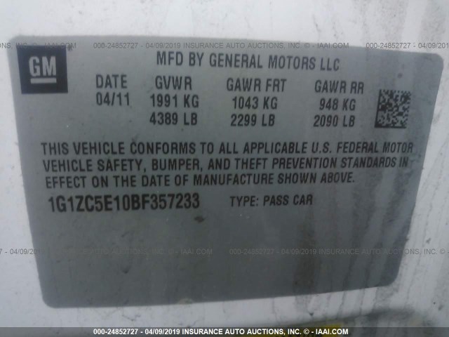 1G1ZC5E10BF357233 - 2011 CHEVROLET MALIBU 1LT 白色 照片 9