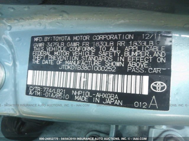 JTDKDTB38C1000252 - 2012 TOYOTA PRIUS C BLUE photo 9