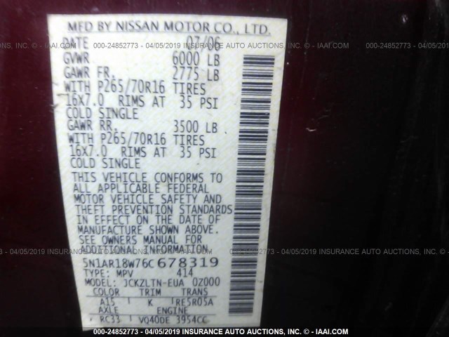 5N1AR18W76C678319 - 2006 NISSAN PATHFINDER LE/SE/XE MAROON photo 9