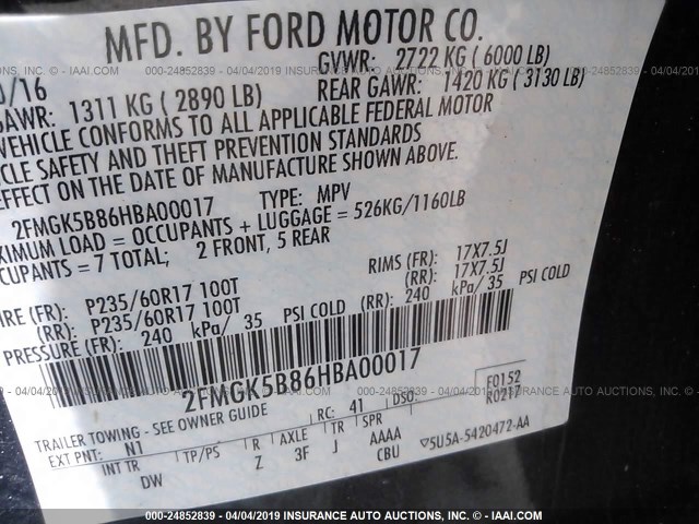 2FMGK5B86HBA00017 - 2017 FORD FLEX SE BLUE photo 9