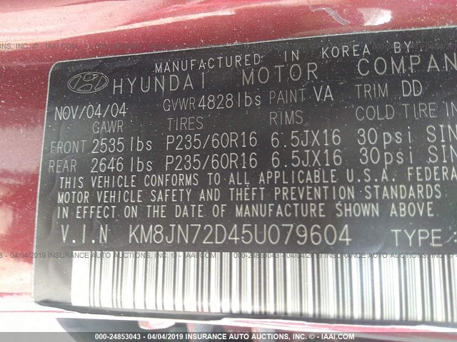 KM8JN72D45U079604 - 2005 HYUNDAI TUCSON GLS/LX RED photo 9