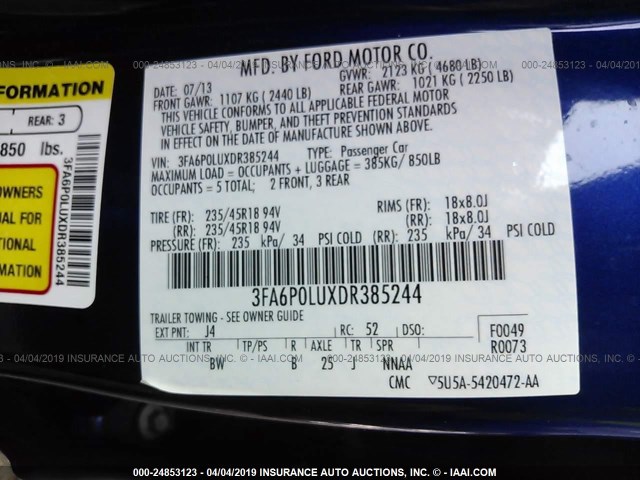 3FA6P0LUXDR385244 - 2013 FORD FUSION SE HYBRID BLUE photo 9