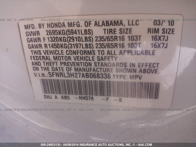 5FNRL3H27AB068336 - 2010 HONDA ODYSSEY LX WHITE photo 9