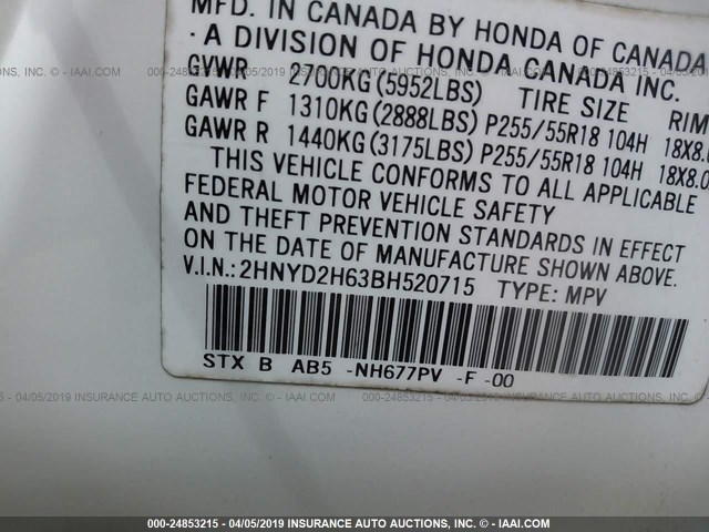 2HNYD2H63BH520715 - 2011 ACURA MDX TECHNOLOGY WHITE photo 9