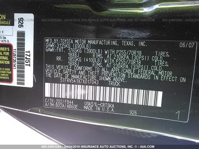 5TFRV541X7X017043 - 2007 TOYOTA TUNDRA DOUBLE CAB SR5 BLACK photo 9