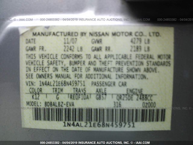 1N4AL21E68N459751 - 2008 NISSAN ALTIMA 2.5/2.5S SILVER photo 9