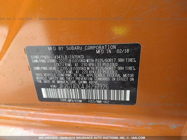 JF2GTADC4JH297326 - 2018 SUBARU CROSSTREK PREMIUM ORANGE photo 9