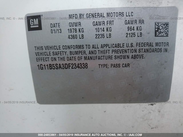 1G11B5SA3DF234338 - 2013 CHEVROLET MALIBU LS WHITE photo 9