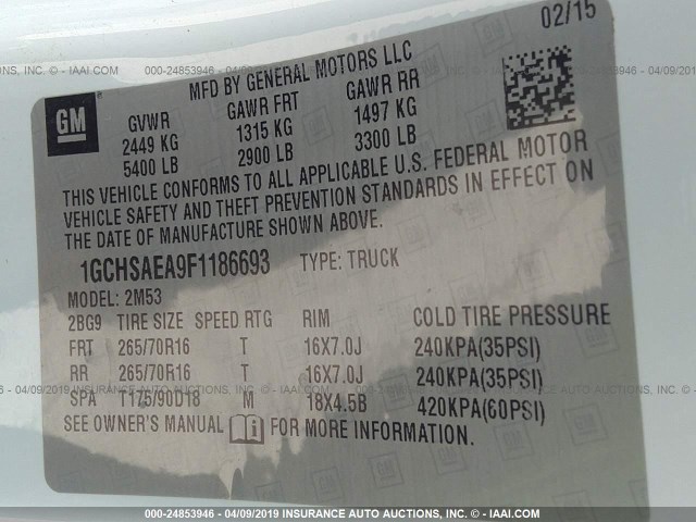 1GCHSAEA9F1186693 - 2015 CHEVROLET COLORADO WHITE photo 9