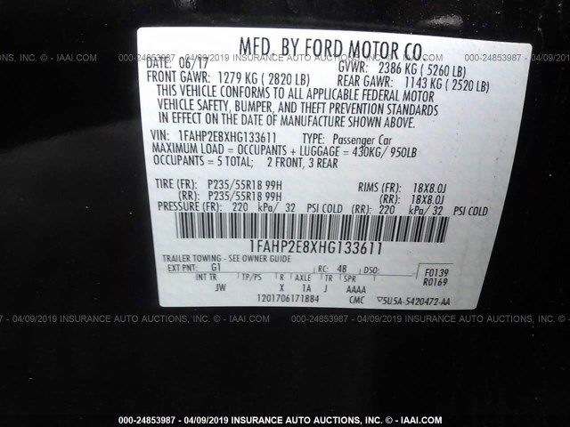 1FAHP2E8XHG133611 - 2017 FORD TAURUS SEL BLACK photo 9