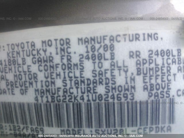 4T1BG22K41U024693 - 2001 TOYOTA CAMRY CE/LE/XLE 灰色 照片 9