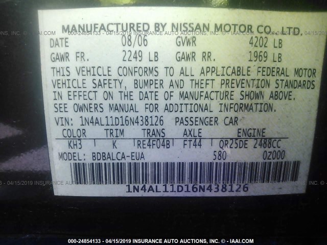 1N4AL11D16N438126 - 2006 NISSAN ALTIMA S/SL BLACK photo 9