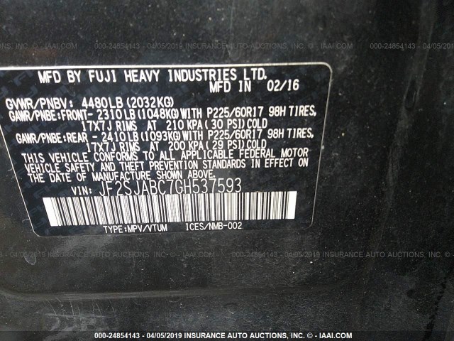 JF2SJABC7GH537593 - 2016 SUBARU FORESTER 2.5I GRAY photo 9