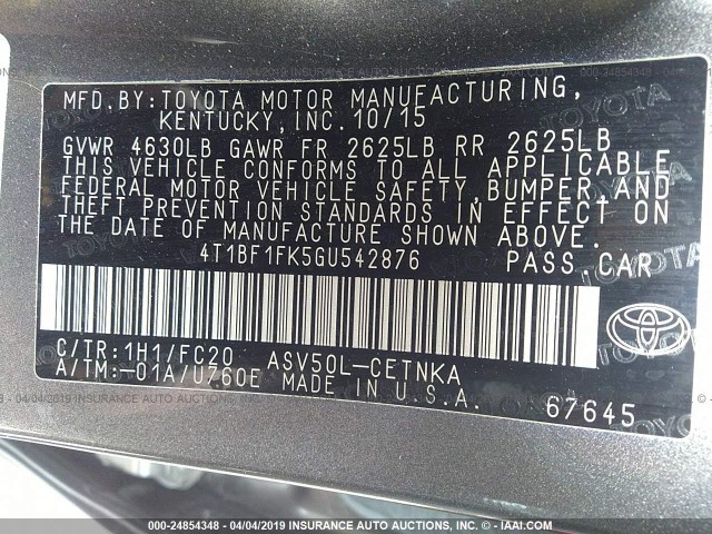 4T1BF1FK5GU542876 - 2016 TOYOTA CAMRY LE/XLE/SE/XSE ნაცრისფერი ფოტო 9