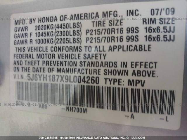 5J6YH187X9L004260 - 2009 HONDA ELEMENT EX SILVER photo 9