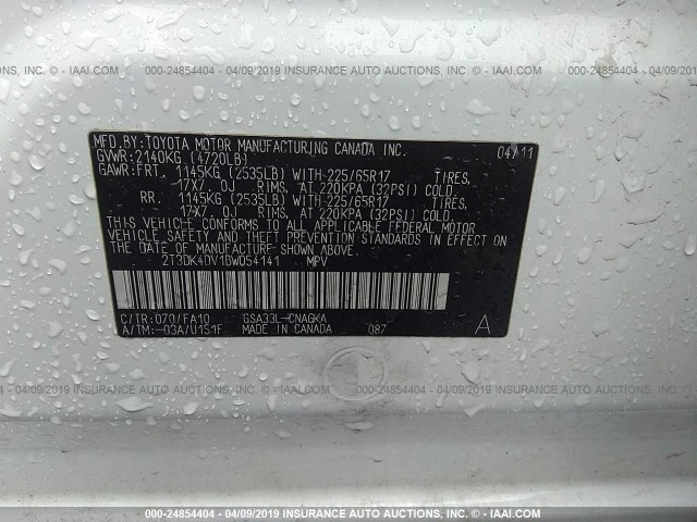 2T3DK4DV1BW054141 - 2011 TOYOTA RAV4 LIMITED WHITE photo 9