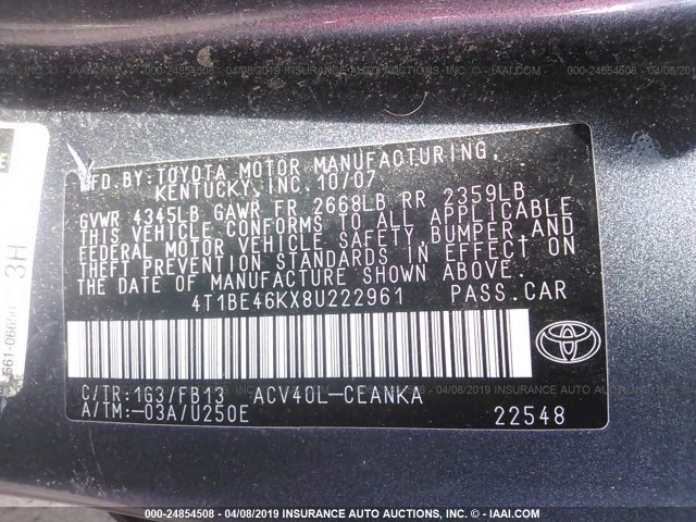 4T1BE46KX8U222961 - 2008 TOYOTA CAMRY CE/LE/XLE/SE GRAY photo 9