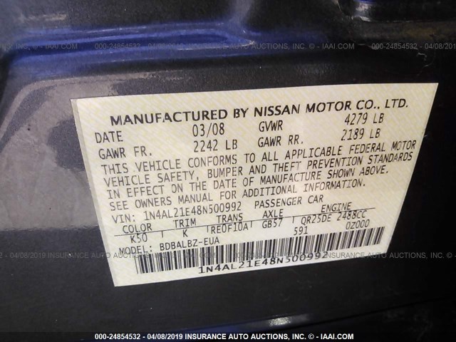 1N4AL21E48N500992 - 2008 NISSAN ALTIMA 2.5/2.5S GRAY photo 9