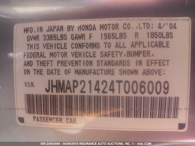 JHMAP21424T006009 - 2004 HONDA S2000 SILVER photo 9