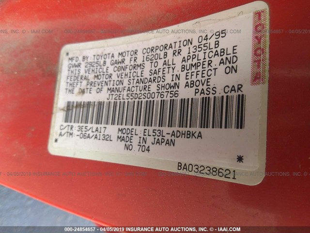 JT2EL55D2S0076756 - 1995 TOYOTA TERCEL STD RED photo 9