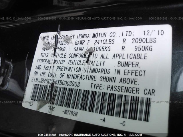 JH4CU2F6XBC003903 - 2011 ACURA TSX GRAY photo 9