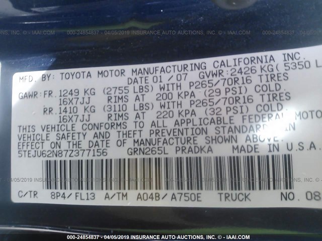 5TEJU62N87Z377156 - 2007 TOYOTA TACOMA DOUBLE CAB PRERUNNER BLUE photo 9