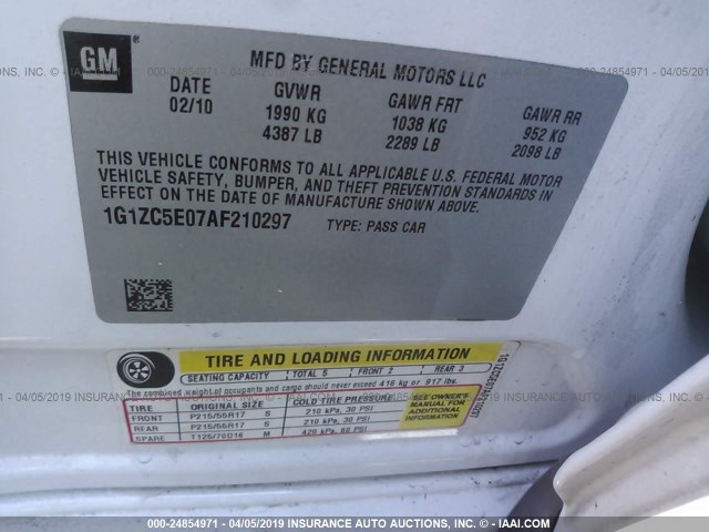 1G1ZC5E07AF210297 - 2010 CHEVROLET MALIBU 1LT 白色 照片 9