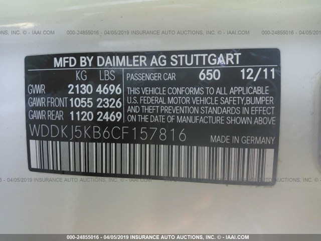 WDDKJ5KB6CF157816 - 2012 MERCEDES-BENZ E 350 WHITE photo 9